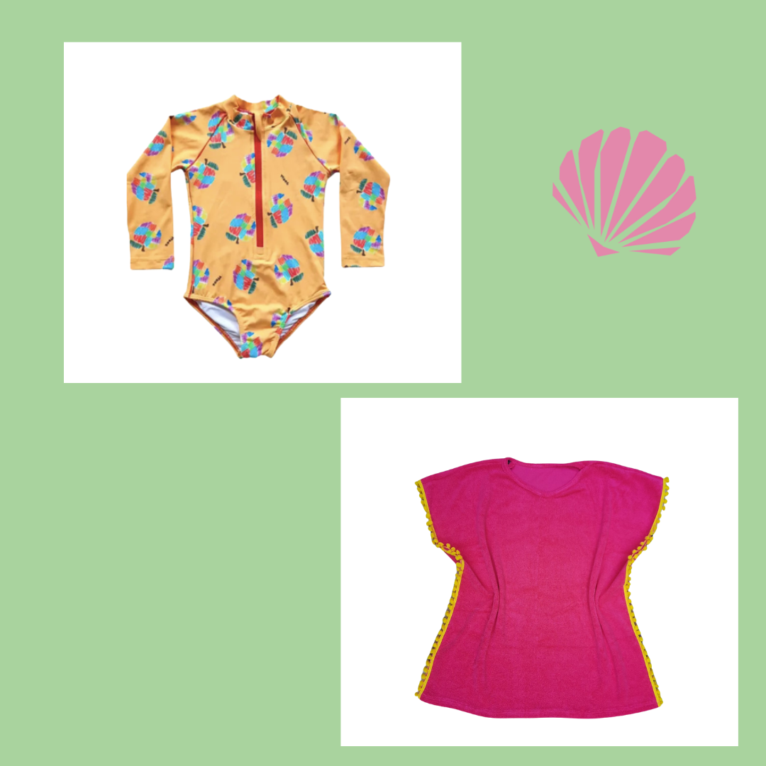 Kit Maiô Manga Longa Zíper Maçã Amarela e Saída de Praia Atoalhada Pink