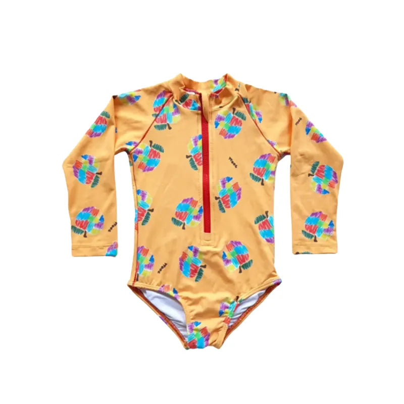 Kit Maiô Manga Longa Zíper Maçã Amarela e Saída de Praia Atoalhada Pink