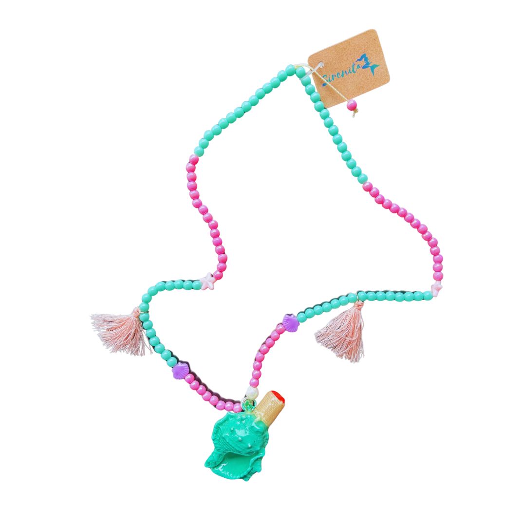 Colar Concha Apito Verde e Rosa